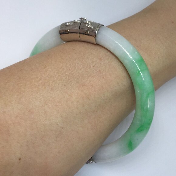 Authentic Jadeite Hinged Bangle Bracelet wtih 14K White Gold and Diamonds - Picture 7 of 8
